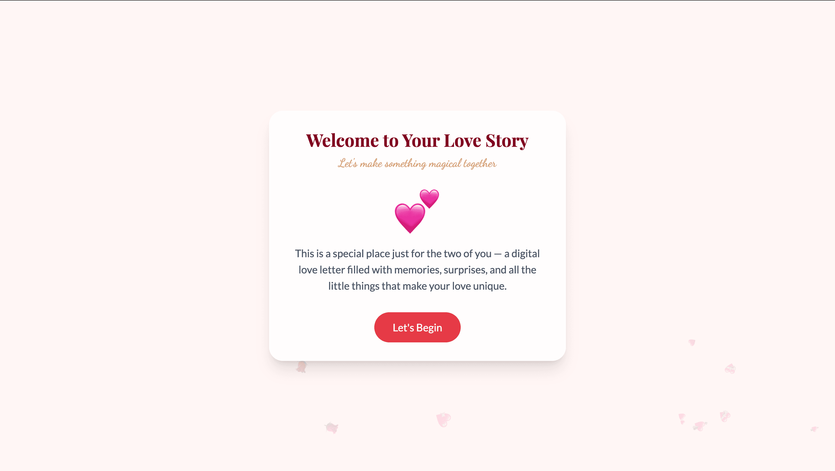 Romantic web app interface with pink and heart theme